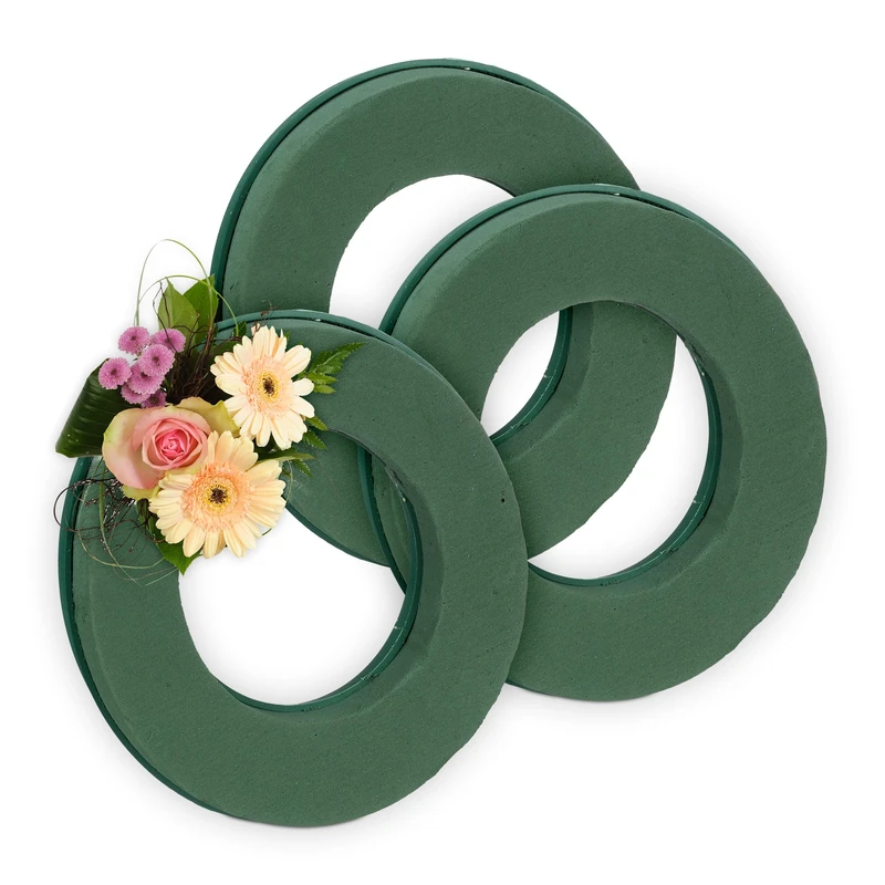 Relaxdays Set of 3 Floral Foams for Fresh Flowers, Ring, Ø 25 cm, Arrangement for Crafting, Wreath, Decorations, Green