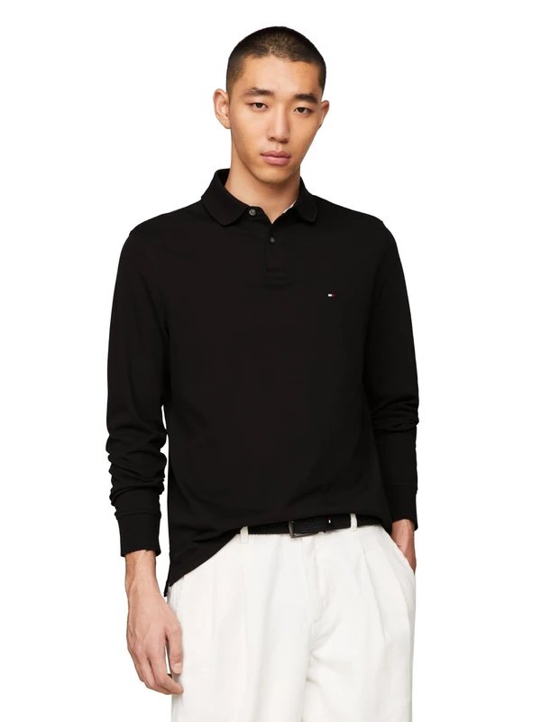 Tommy Hilfiger Men's Long Sleeve Polo Shirts in Regular Fit with Stretch and Organic Pique Cotton, Black, XXL