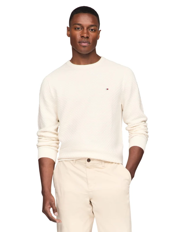 Tommy Hilfiger Men's Textured Waffle Knit Crewneck Sweater Lightweight Pullover, Available in Big & Tall, Ivory, XXL