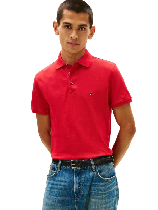 Tommy Hilfiger Men's Short Sleeve Polo Shirts in Slim Fit with Stretch and Organic Pique Cotton, Primary Red, Medium