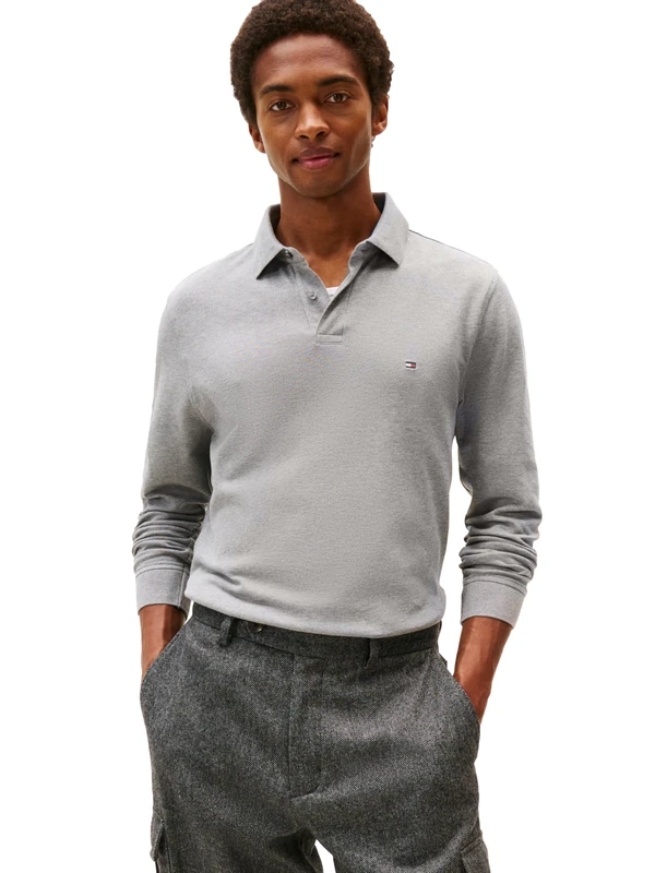 Tommy Hilfiger Men's Long Sleeve Polo Shirts in Regular Fit with Stretch and Organic Pique Cotton, Medium Grey Heather, Medium