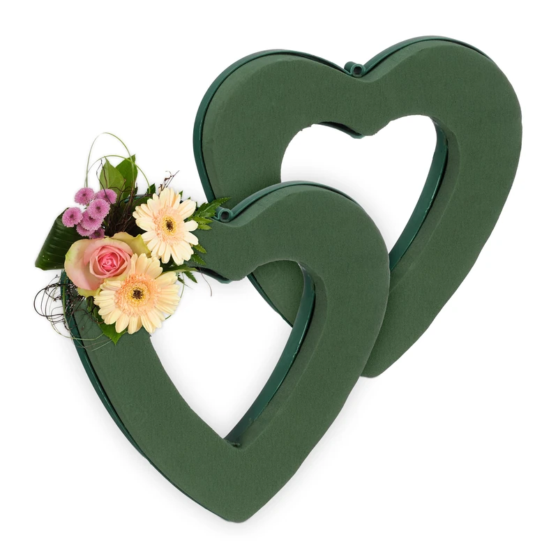 Relaxdays 2x Floral Foam for Fresh Flowers, Heart, Arrangement for Crafting, Wreath, Decorations, 24 x 23 x 4 cm, Green
