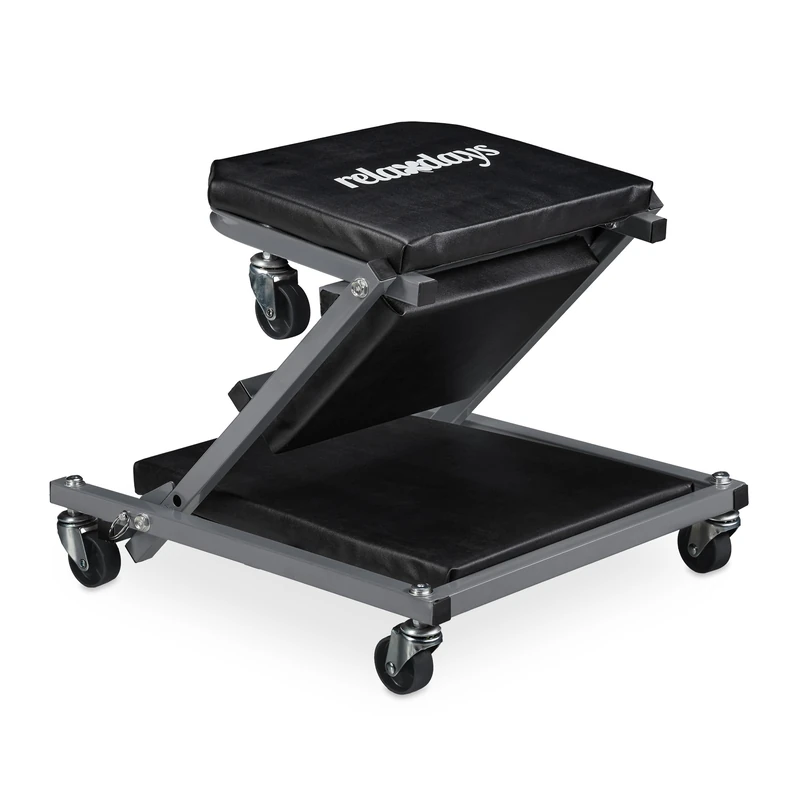 Relaxdays Board Workshop up to 150 kg, 2in1 Foldable Rolling Seat & Workbench, 360° Rotatable, Steel, Black/Grey, 12 x 41 x 91 cm
