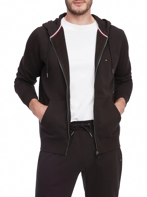 Tommy Hilfiger Men's Medium Weight Fleece Full Zip Up Hoodie Hooded Sweatshirt, Black, XL