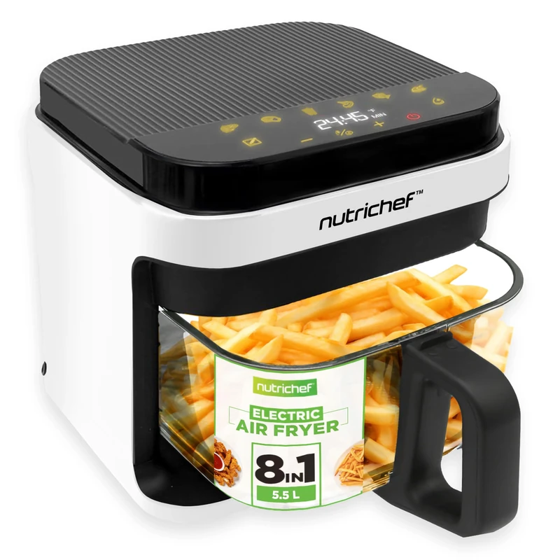 Nutrichef 5.5 Litres Air Fryer, 8 in 1 Preset Cook Modes, Transparent Fry Bowl for Best Cooking Results, Cook Shrimp, Steak, Fries, Wings, Chicken and More, Precise Temperature Control & Time, White