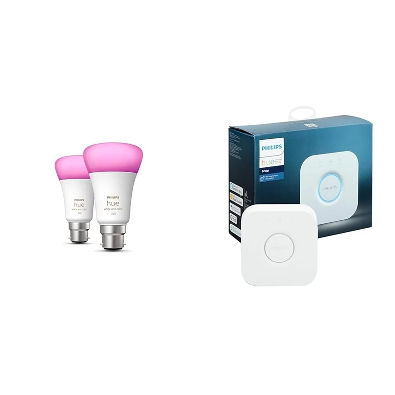 Philips Hue White & Colour Ambiance Smart Bulb Twin Pack LED [B22 Bayonet Cap] - 1100 Lumens & Bridge. Smart Home Automation Works with Alexa, Google Assistant and Apple Homekit.
