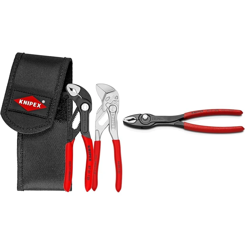 Knipex Mini Pliers Set in Belt Tool Pouch (self-Service Card/Blister) 00 20 72 V04 & TwinGrip Slip Joint Pliers Black atramentized, with Non-Slip Plastic Coating 200 mm 82 01 200 SB