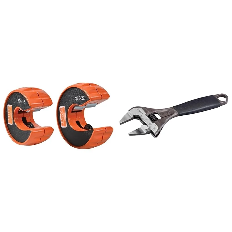 Bahco BAH306PACK Pipe Cutters, Orange, 15mm & 22mm & 9029-T Slim Jaw Adjustable Wrench, 170mm Length, Silver/Grey/Black