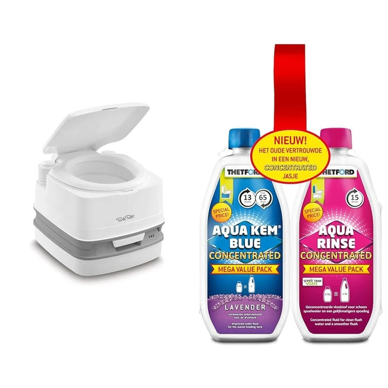 Thetford 92802 Porta Potti 145 Portable Toilet, White-Grey, 330 x 383 x 427 mm & 30459CO Toilet Fluid and Rinse Concentrate Duo Pack, Blue & Pink, 1.53 Litre