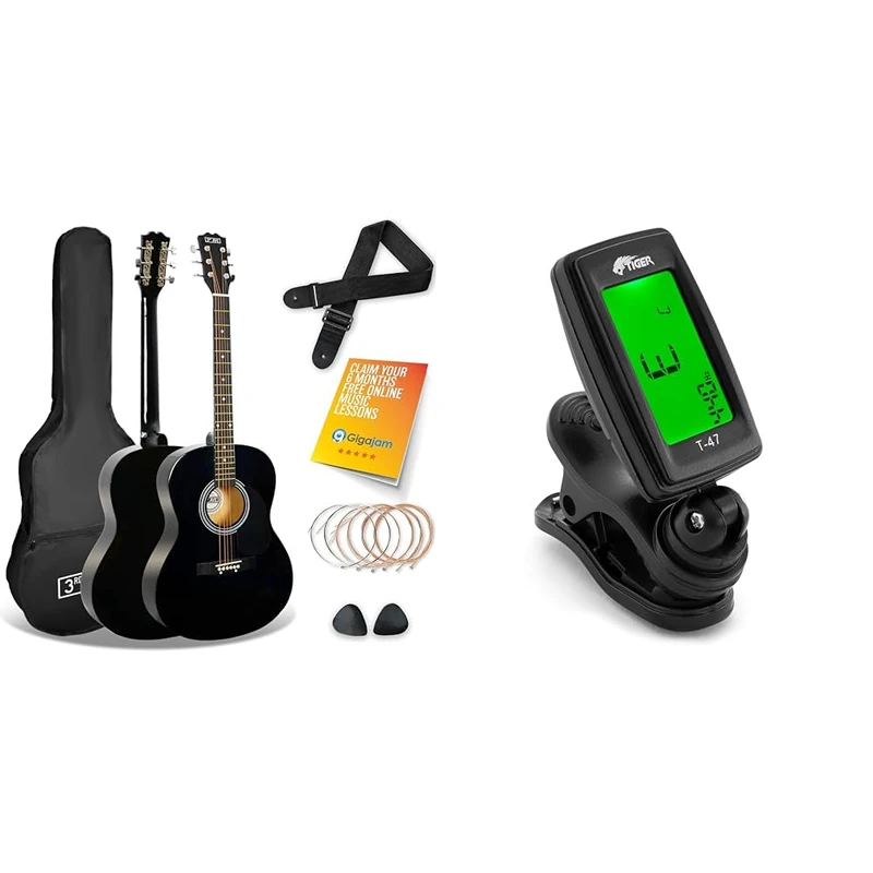 3rd Avenue Full Size 4/4 Acoustic Guitar Steel String Pack Bundle for Beginners & TIGER T-47 Clip-On Digital Chromatic Tuner for Acoustic, Electric, Bass Guitars, Banjo, Ukulele