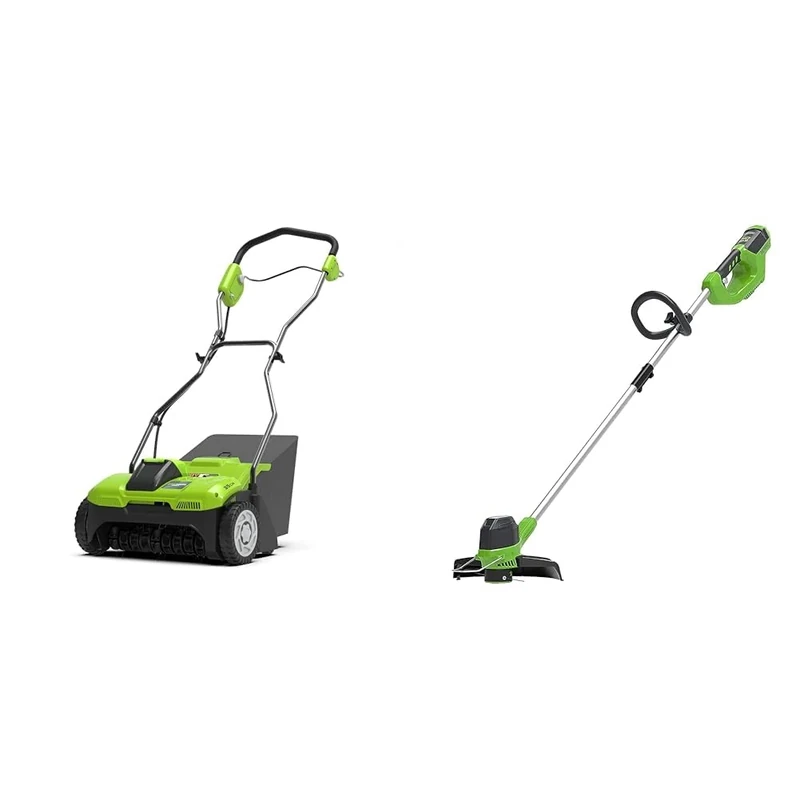 Greenworks 40V Cordless Lawn Rake Dethatcher, 3600rpm, 36cm Working Width, 30L Collection Box & 40V Cordless Strimmer for Medium Gardens, Adjustable Height, 30cm Cutting Width