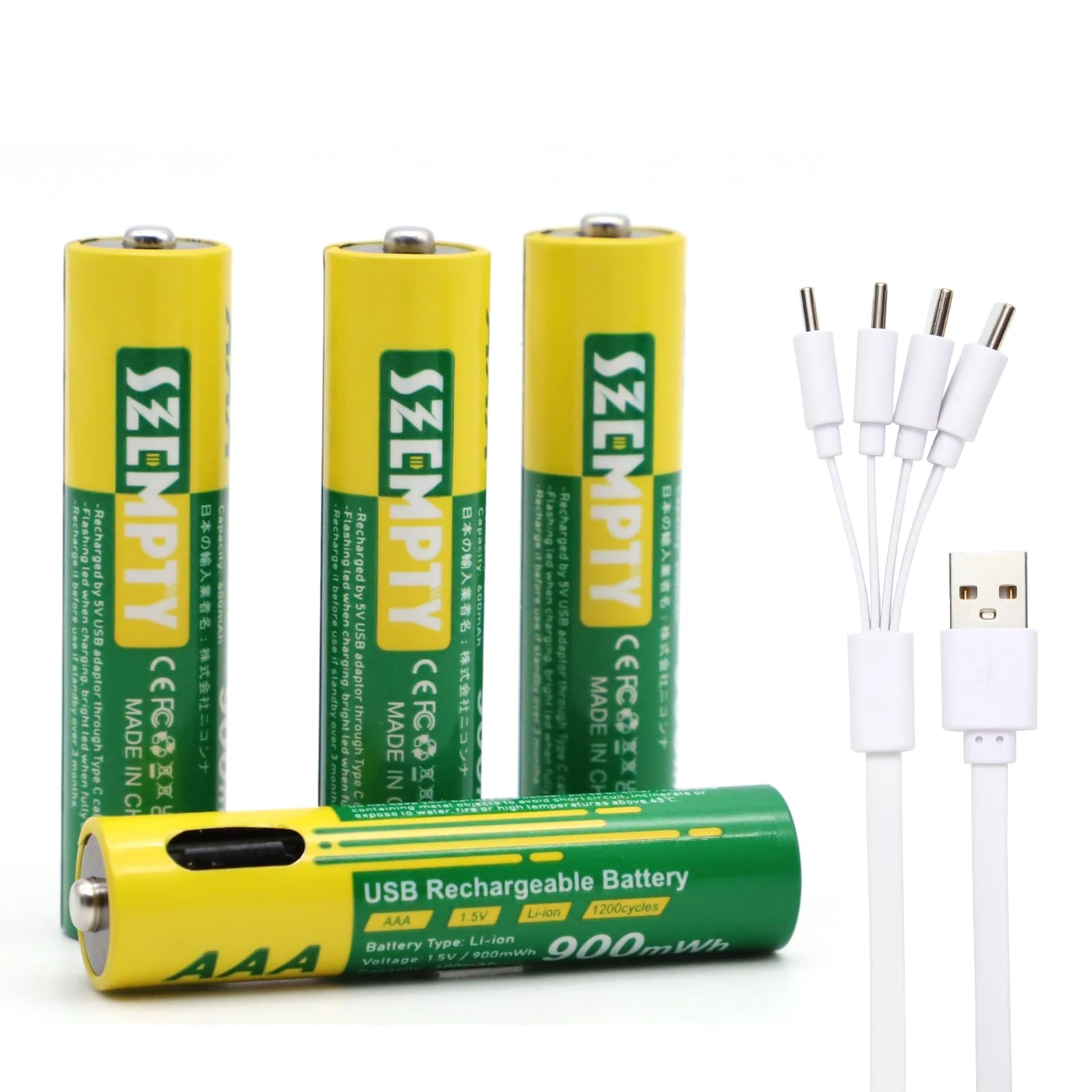 SZEMPTY AAA USB Rechargeable Batteries-4 Pack, 900mWh(600mAh) Triple A 1.5V Lithium USB-C Pila Recargable Battery with 4 in 1 USB-A to USB-C Charging Cable, Over 1200 Cycles.