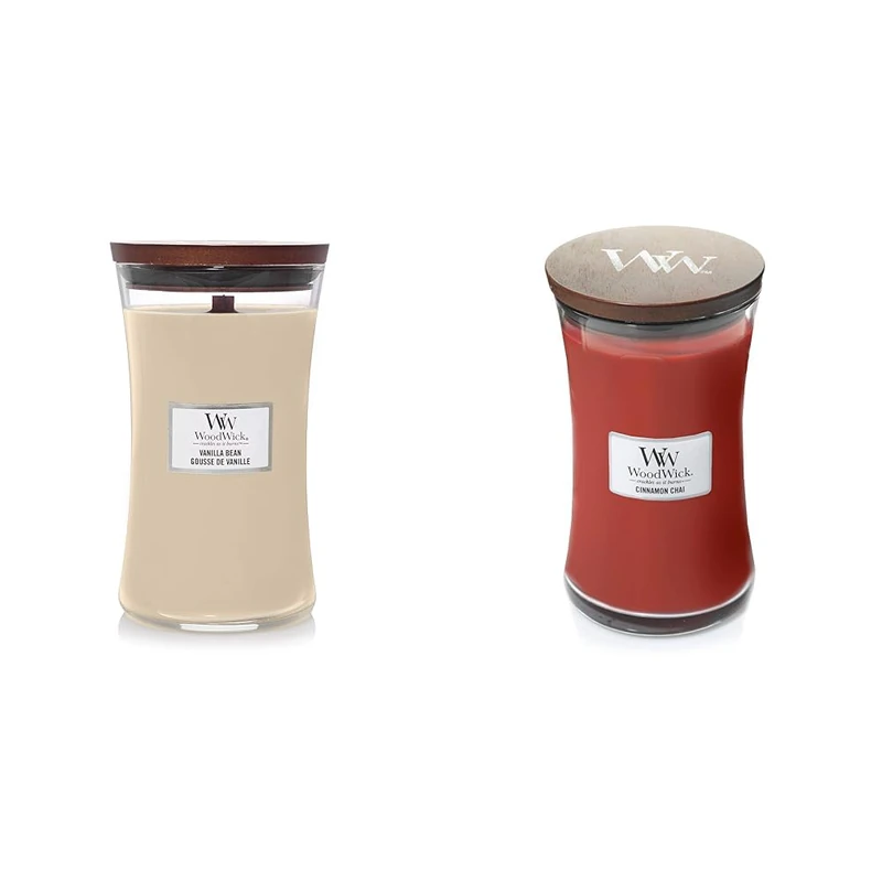 WoodWick Scented Candle, Vanilla Bean Large Hourglass Candle, with Crackling Wick & Large Hourglass Scented Candle | Cinnamon Chai | with Crackling Wick | Burn Time