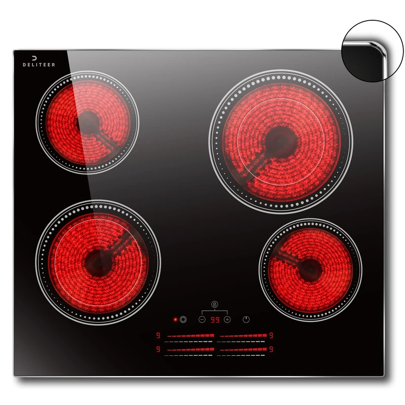 DELITEER Ceramic Hob 4 Zones, Electric Hob with Metal Frame, Built-in Glass Ceramic Hob, 60CM, 6600W, Independent Heating Zone Slider Touch Control with Dual Zone, Safety Lock, Timer