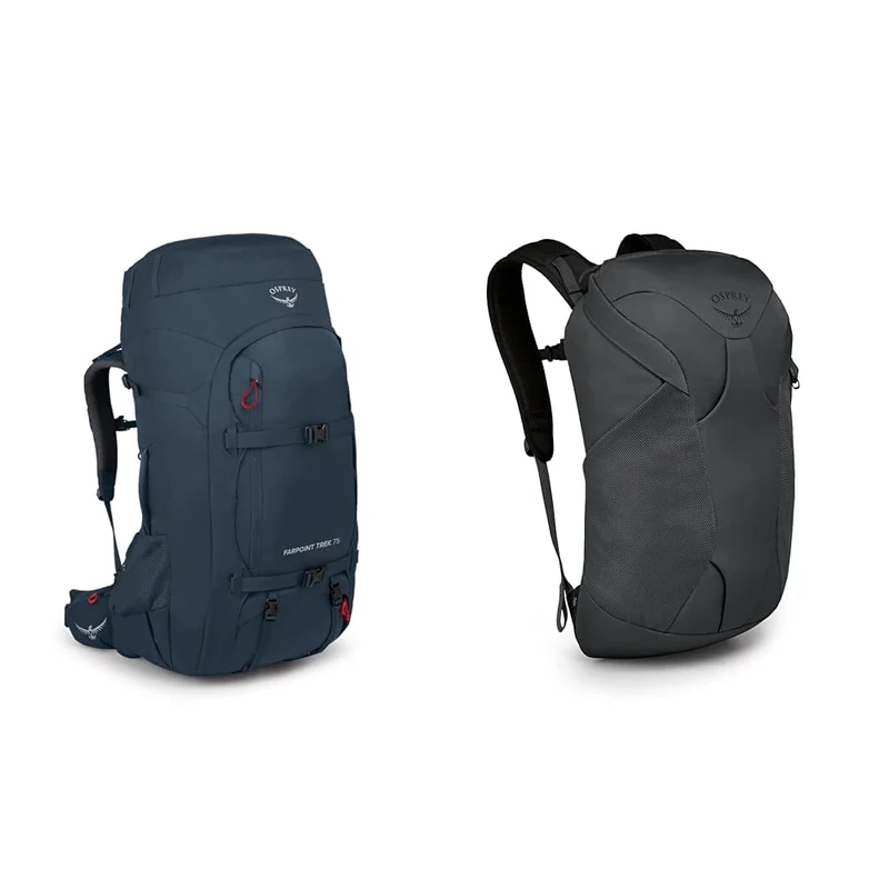 Osprey Farpoint Trek 75 Men's Backpacking Backpack Muted Space Blue, One Size & Farpoint Fairview Travel Daypack Unisex Travel Backpack Tunnel Vision Grey O/S