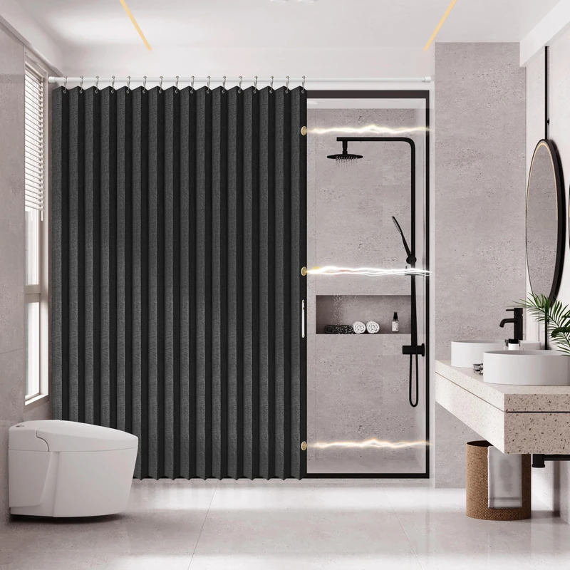 AJAZZ Magnetic Folding Shower Curtains Fabric Polyester Material Shower Curtain Hook Waterproof Shower Curtain Suitable For Family Hotel Homestay (Black,77" W x 72" L) 1 Panel