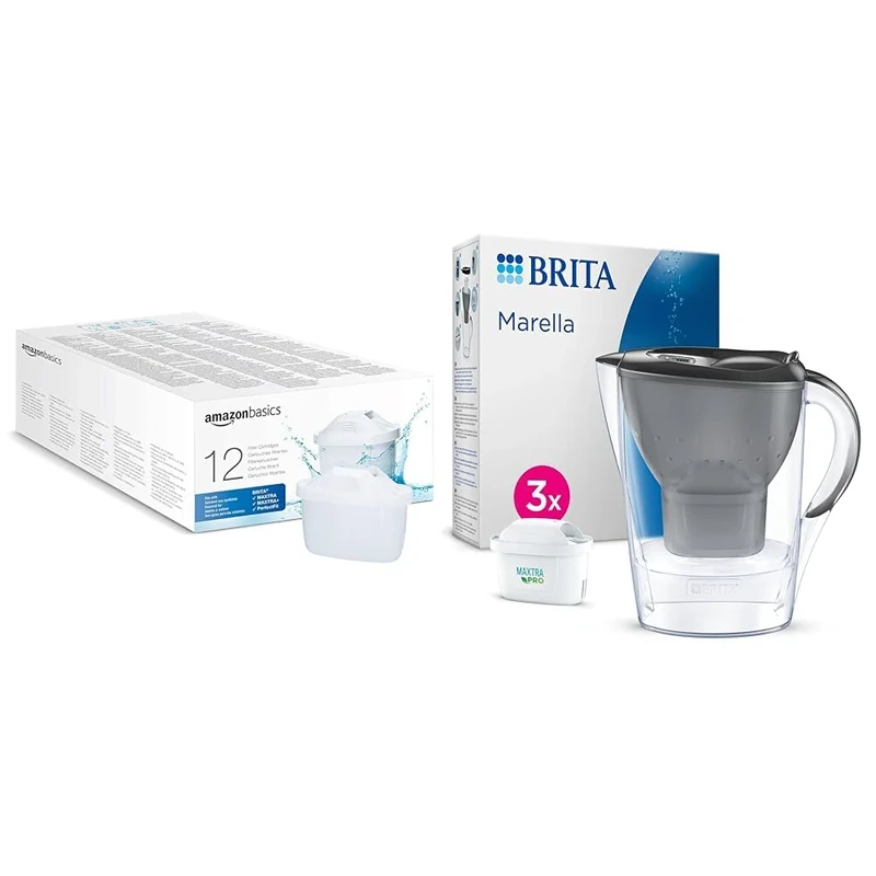 Amazon Basics Water Filter Cartridges, 12 Pack, fits and Compatible with All BRITA jugs incl & BRITA Marella Water Filter Jug Starter Pack - Graphite (2.4L) incl. 3X MAXTRA PRO All-in-1 Cartridge