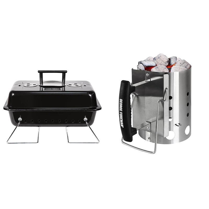 George Foreman On-The-Go Portable Charcoal BBQ, Sturdy Foldable Legs, Convenient Handle, Lightweight & Quick-Fire Compact Chimney BBQ Starter, 14cm Diameter, Portable Barbecue
