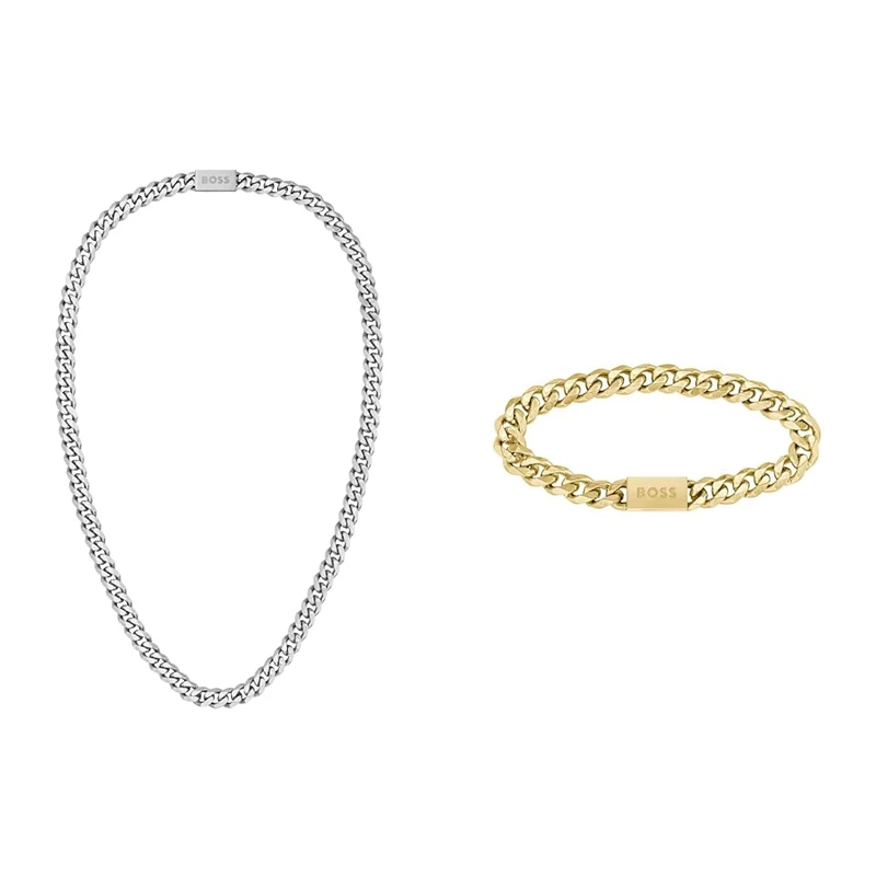 BOSS Jewelry Men's CHAIN LINK Collection Chain Necklace - 1580142 & Jewelry Men's CHAIN FOR HIM Collection Chain Bracelet Yellow gold - 1580403M - Image 1