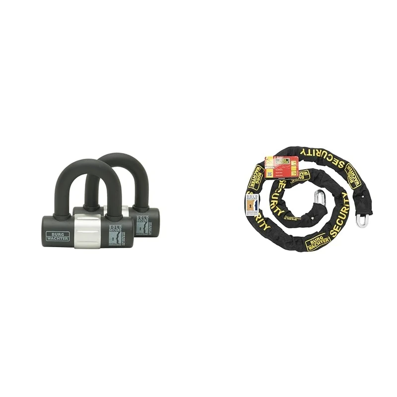 Burg-Wachter 100D Duo Sold Secure Gold Keyed Alike U Lock Twin Pack, Black & GKM 10/100 Sold Secure Chain, Black, 1M