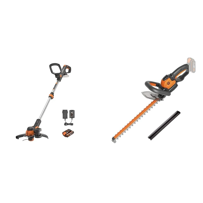 Worx WG163E.1 20V 30cm Cordless Line Trimmer with One Battery and Charger - Lightweight Grass Trimme & WG261E.9 18V (20V MAX) Cordless 46cm Hedge Trimmer-Bare Unit