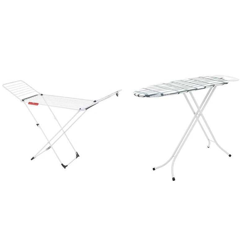 Vileda Extra X-Legs Clothes Airer, Indoor Clothes Drying Rack with 20m Washing Line, White & PIFCO Adjustable Medium Ironing Board - 110 X 34cm Folding Ironing Board - 100% Cotton Cover - Grey