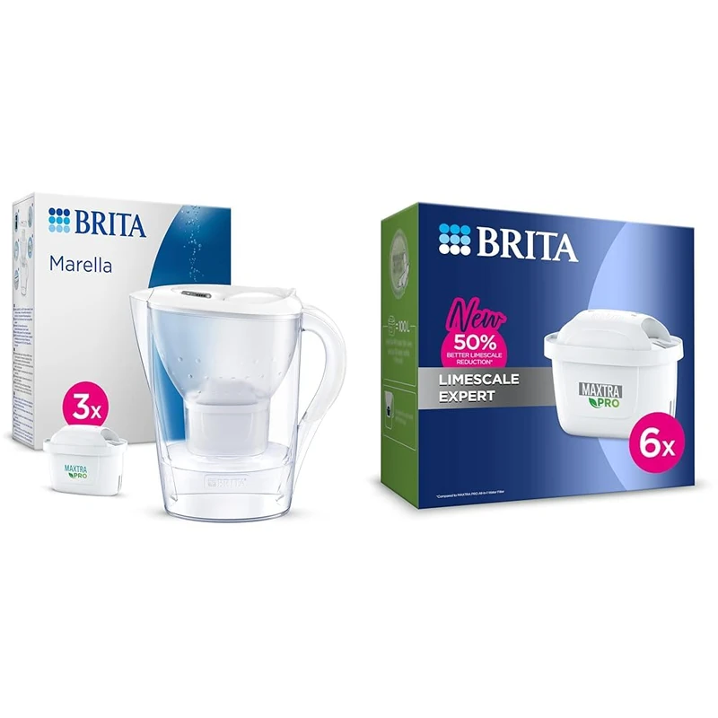 BRITA Marella Water Filter Jug Starter Pack - White (2.4L) incl. 3x MAXTRA PRO All-in-1 & MAXTRA PRO Limescale Expert Water Filter Cartridge 6 Pack (NEW) - Original refill