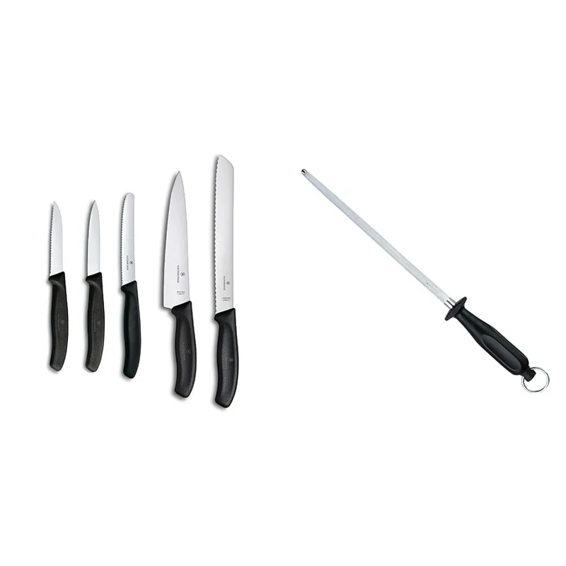 Victorinox Swiss Classic Kitchen Set, 5 Pieces, Black & Sharpening Steel 25cm Black/Silver