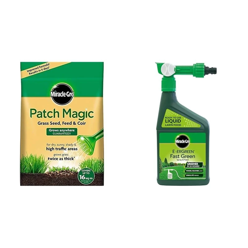 Miracle-Gro Patch Magic Grass Seed, Feed and Coir 3.6 kg - 48 patches & EverGreen Fast Green Spray & Feed, Liquid Lawn Food, 1 Litre