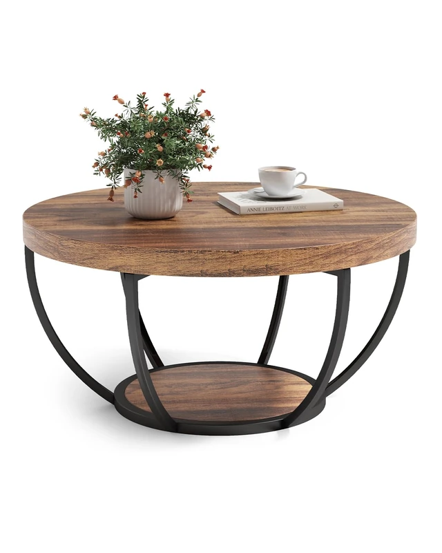 LITTLE TREE Round Coffee Table, 32" Circle Coffee Table for Living Room, 2-Tier Wood Accent Center Table with Open Storage Industrial Design Home Furniture (Rustic Brown and Black)