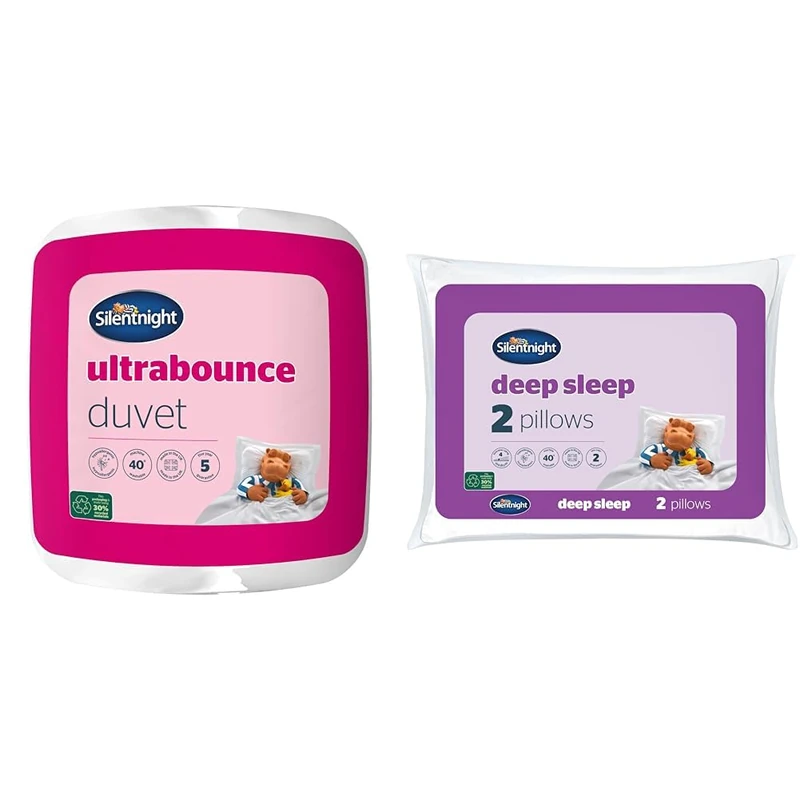 Silentnight Ultrabounce 10.5 Tog King Duvet – All Year Duvet Quilt Ideal for Summer and Winter & Deep Sleep Pillows 2 Pack – Medium Support Comfortable Hollowfibre Bed