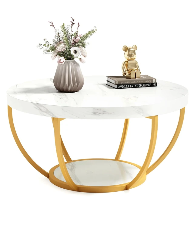 LITTLE TREE Round Coffee Table, 32" Circle Faux Marble Coffee Tables for Living Room, 2-Tier Golden Metal Legs Accent Center Table with Open Storage Modern Design Home Furniture (White and Gold)