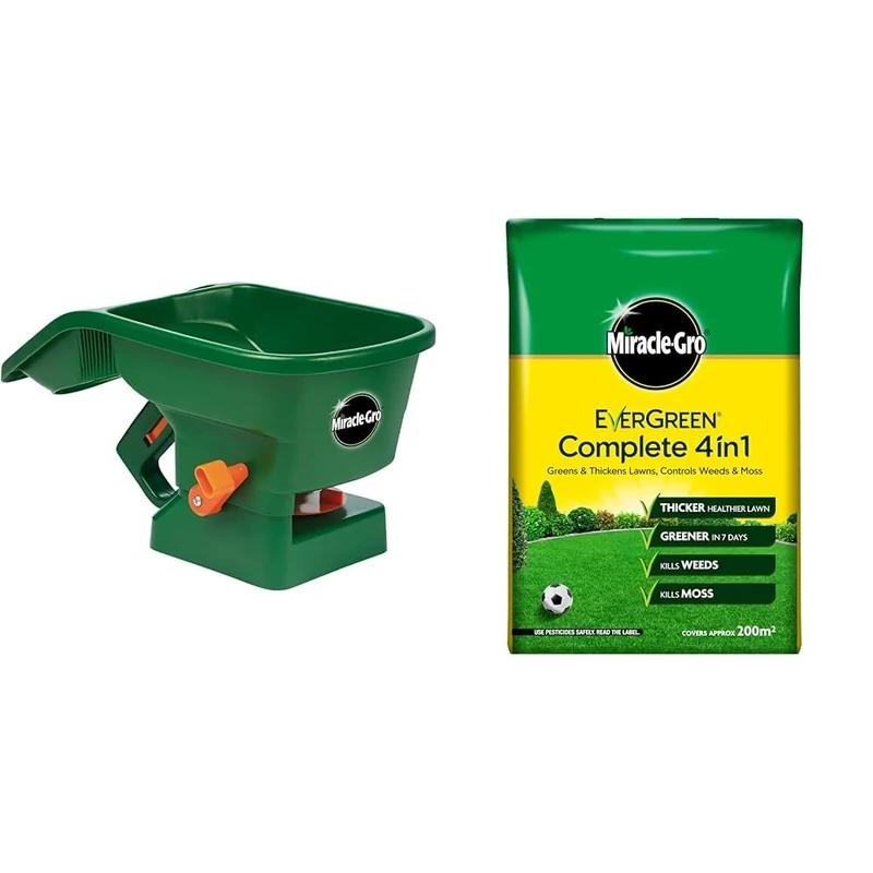 Miracle-Gro Handy Lawn Seed Spreader & Evergreen Complete 4-in-1 Lawn Food - 200 m2, Lawn Food, Weed & Moss Control, Yellow