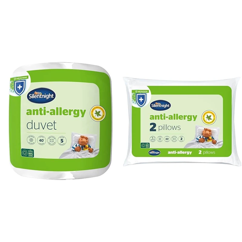Silentnight Anti Allergy Super-King Size Duvet 10.5 Tog - All Year Round Winter Quilt Duvet Anti-Bac & Anti-Allergy Pillows 2 Pack – Soft Medium Support Anti Bacterial, Bed Hotel Pillows