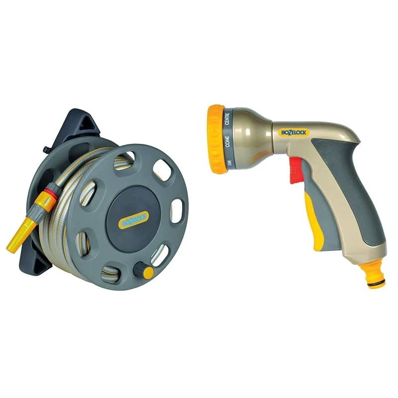 HOZELOCK - Wall-Mounted 30m Hose Reel with 15m Hose : Easy-to-Install Wall-Mounted Hose Reel & HOZELOCK - Multi-Jet Spray Gun Plus : Ergonomic, Extremely Compact Metal Multi-Task Gun
