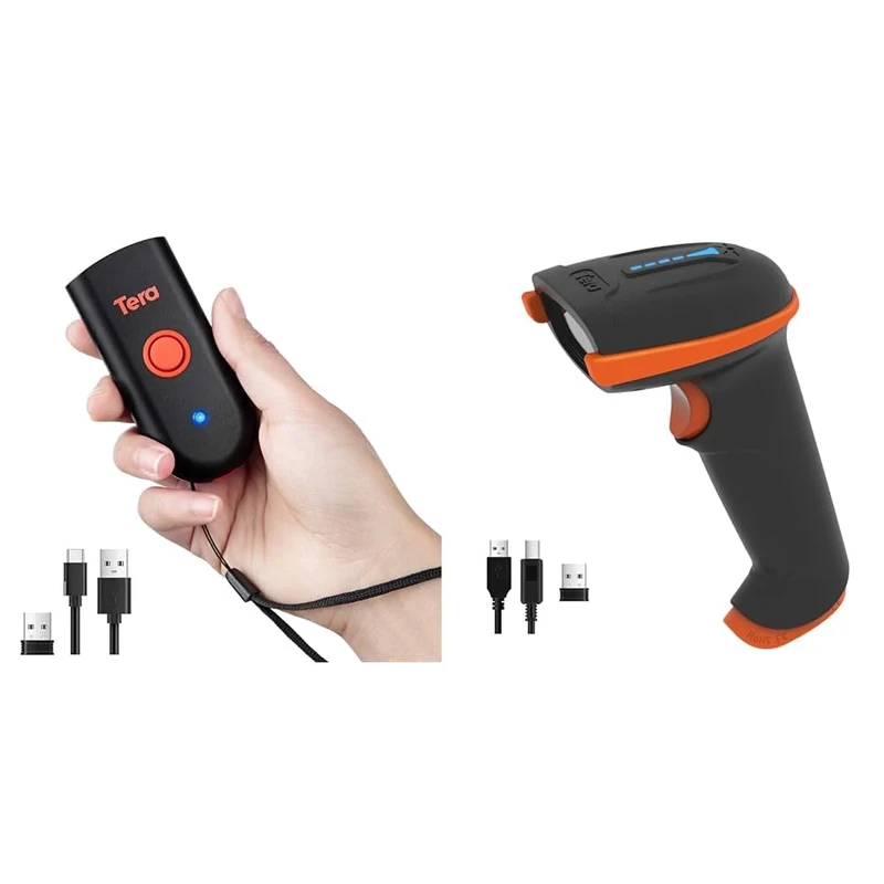 Tera Mini 1D 2D QR Bluetooth Barcode Scanner Wireless Portable 1D USB Wired Bar Code Reader 3 in 1 & Barcode Scanner Wireless with Battery Level Indicator Rechargeable 1D Laser Barcode Reader 2000