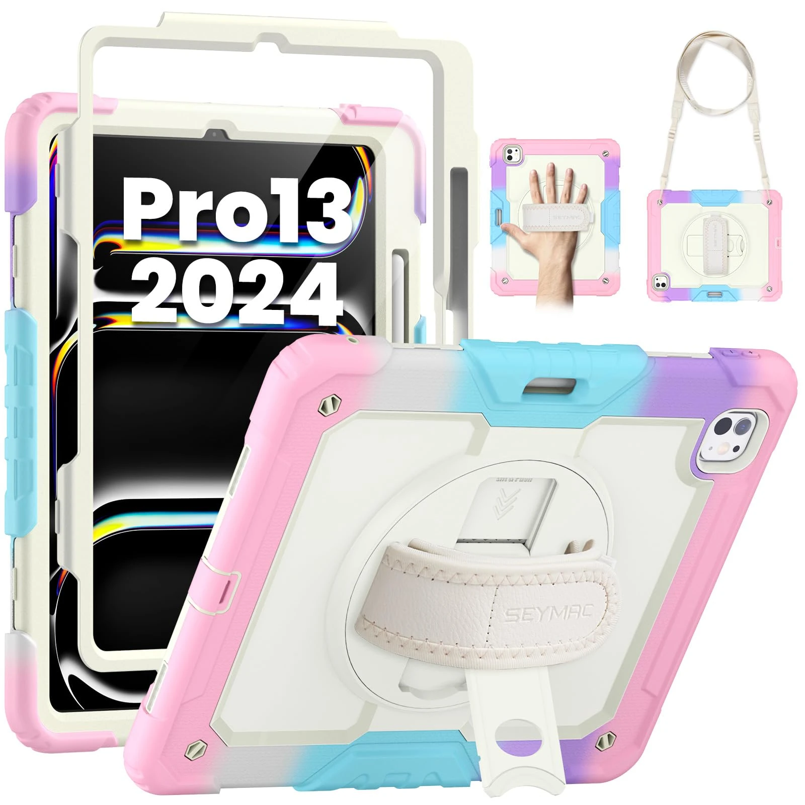 SEYMAC Case for iPad Pro 13 inch (M5/M4) 2025/2024, Shockproof with 360 Rotating Hand Strap/Stand, Screen Protector, Pencil Holder and Shoulder Strap for A3360 A3361 A2925 A2926 A3007, Camo Pink