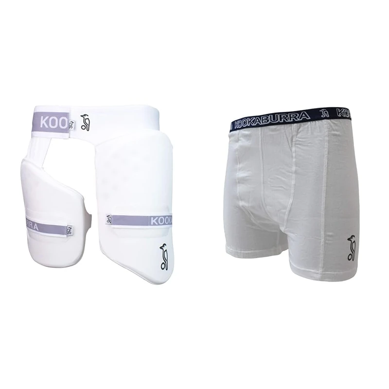 KOOKABURRA Unisex Youth 250 Thigh Guard Protection, White, Youth Right Hand UK & Unisex Jock Short With Integral Pouch Junior, White, Youths EU