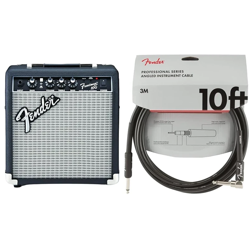 Fender Frontman 10G Combo Amp, 10W Small Practice Amplifier for Electric Guitar, Black/Silver & Professional Series Instrument Cable, 10 ft, Straight/Angle, Black, 3m
