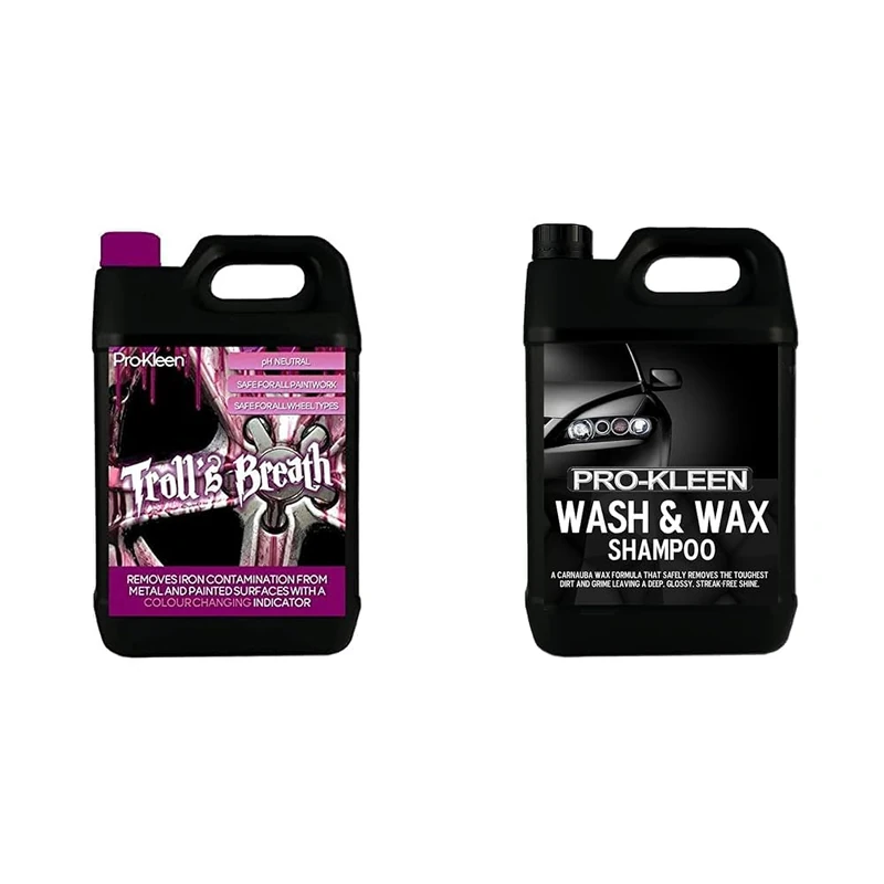 Pro-Kleen Troll's Breath Iron Contamination Fallout Remover - Safe to use on all Wheel Types & Wash & Wax Shampoo with Carnauba Wax 5L - pH Neutral Professional Car Wash Shampoo