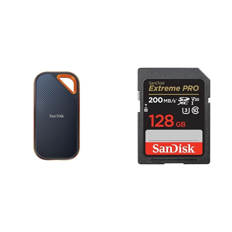 SanDisk 2TB Extreme PRO Portable SSD, USB-C USB 3.2 Gen 2x2 External NVMe Solid State Drive up & 128GB Extreme PRO SDXC card + RescuePRO Deluxe, up to 200MB/s, UHS-I, Class 10, U3