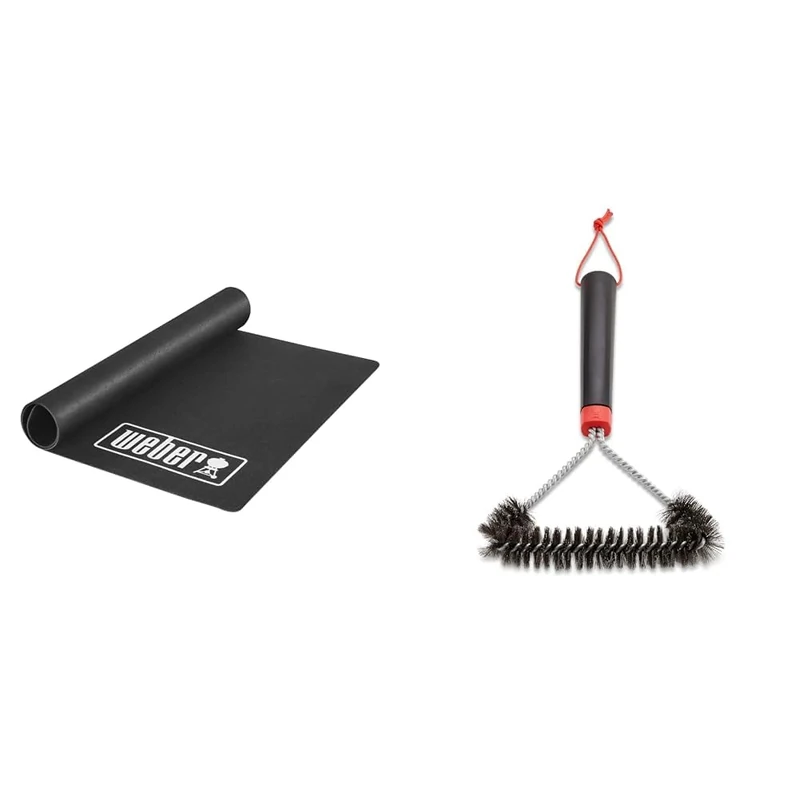 Weber Barbecue Floor Protection Mat | BBQ Grill Mat/Heat Mat | Rubber Floor Mat Barbecue & 6277 30 cm Three-Sided Grill Brush, Black/Silver