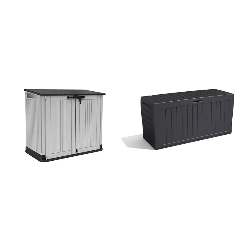 Keter Store It Out Nova Outdoor Garden Furniture Storage Shed Light Grey with Dark Grey Lid & Marvel+ 270L Outdoor 65% recycled Garden Furniture Storage Box Graphite Wood Panel Effect