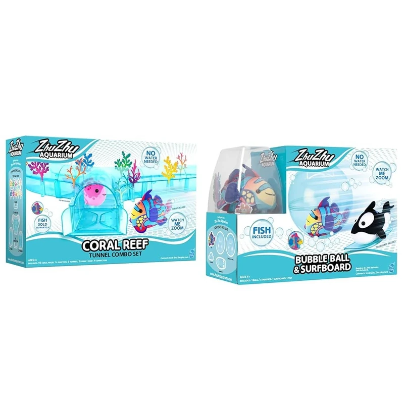John Adams Zhu Zhu Pets | Zhu Zhu Aquarium Coral Reef Tunel Playset | Electronic Pets | Ages 4+ & Zhu Zhu Pets | Zhu Zhu Aquarium Bubble Ball & Surfboard Starter Playset WITH Fish