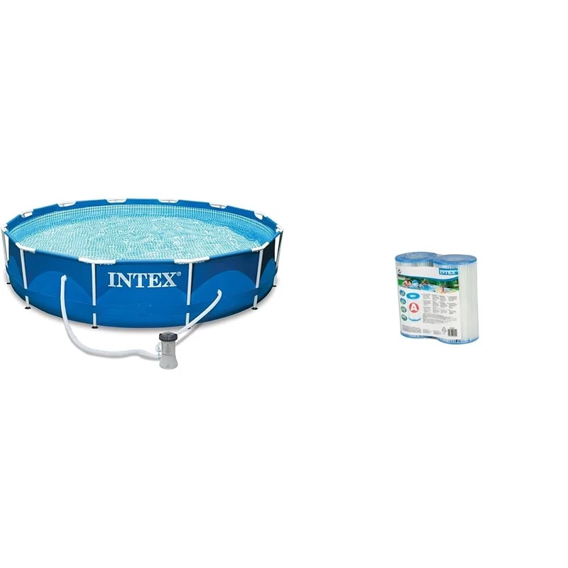 INTEX 28212UK Metal Frame Pool Set, Blue, 12 ft x 30-Inch & 0775431 Filter Cartridge for Swimming Pool Blue 10,8 x 21,6 x 20,3 cm - set of 2