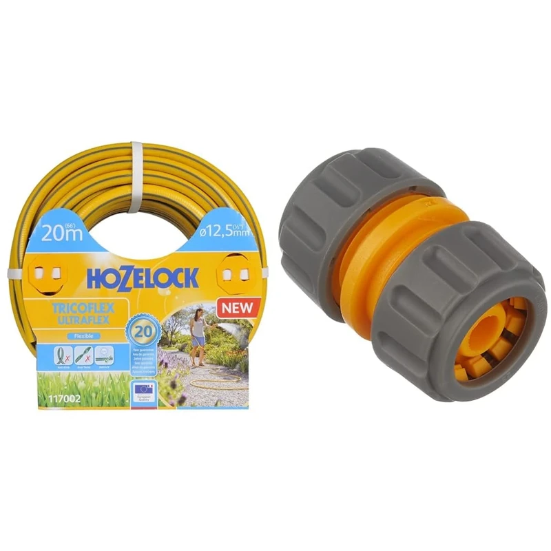 Hozelock Tricoflex Ultraflex Hose, Yellow, 12.5 mm x 20 m & HOZELOCK - Hose Repair Connector ø 12.5mm - 15mm (1/2"- 5/8"): Repair Your Hose Permanently, Easily, Quickly and Without Tools [2100A6002]