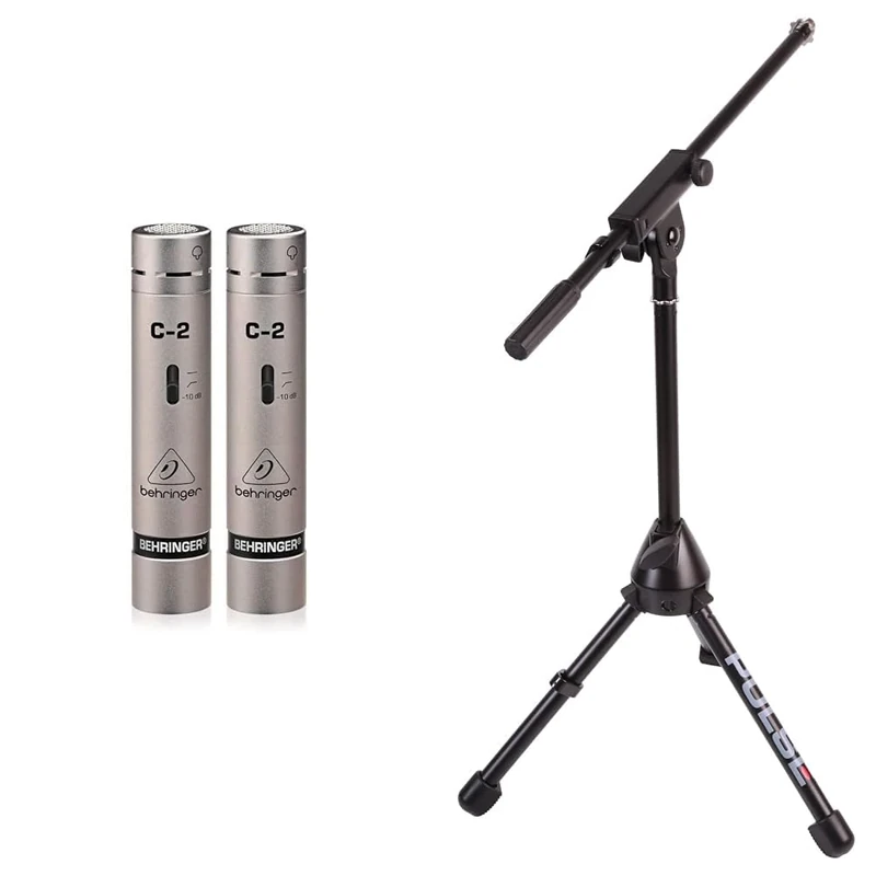 Behringer C-2 2 Matched Studio Condenser Microphones & Pulse PLS00042 Stand for Microphone, Black - Image 1