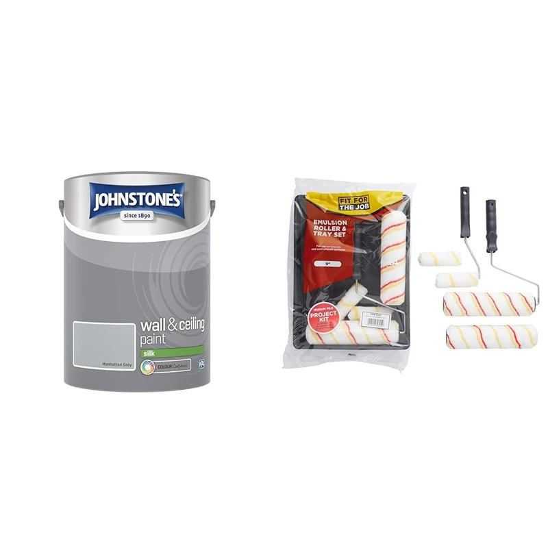 Johnstone's Wall & Ceiling Paint - Manhattan Grey Silk Finish Emulsion & Fit For The Job 7-Piece Roller Set With 2x 9-Inch & 2x Mini Rollers, Frames