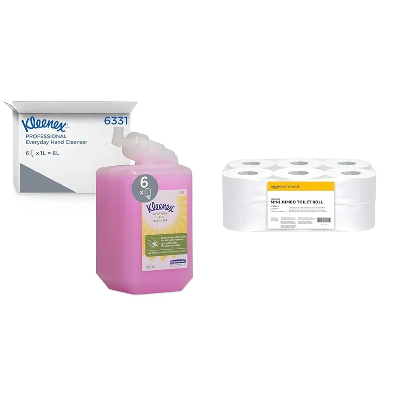 Kleenex Everyday Use Hand Soap 6331 - Pink Hand Wash - 6 x 1 Litre Hand Wash Refills (6 Litre total) & AmazonCommercial 416647 2-Ply Mini Jumbo Toilet Roll, Unscented, White, 6684 count