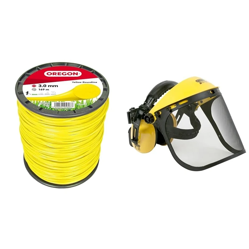 Oregon Yellow Round Strimmer Line Wire for Grass Trimmers and Brushcutters & Q515061 Browguard, Ear Protectors & Steel Mesh Visor Combination, Adjustable Safety Face Shie